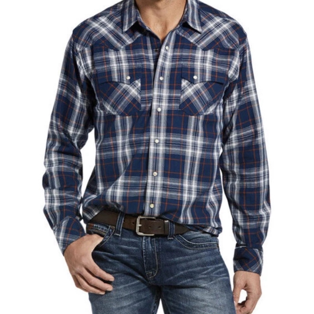 ARIAT RETRO FIT SNAP Men’s L/S Shirt 100%Cotton Blue Plaid Hermosa Western Sz L